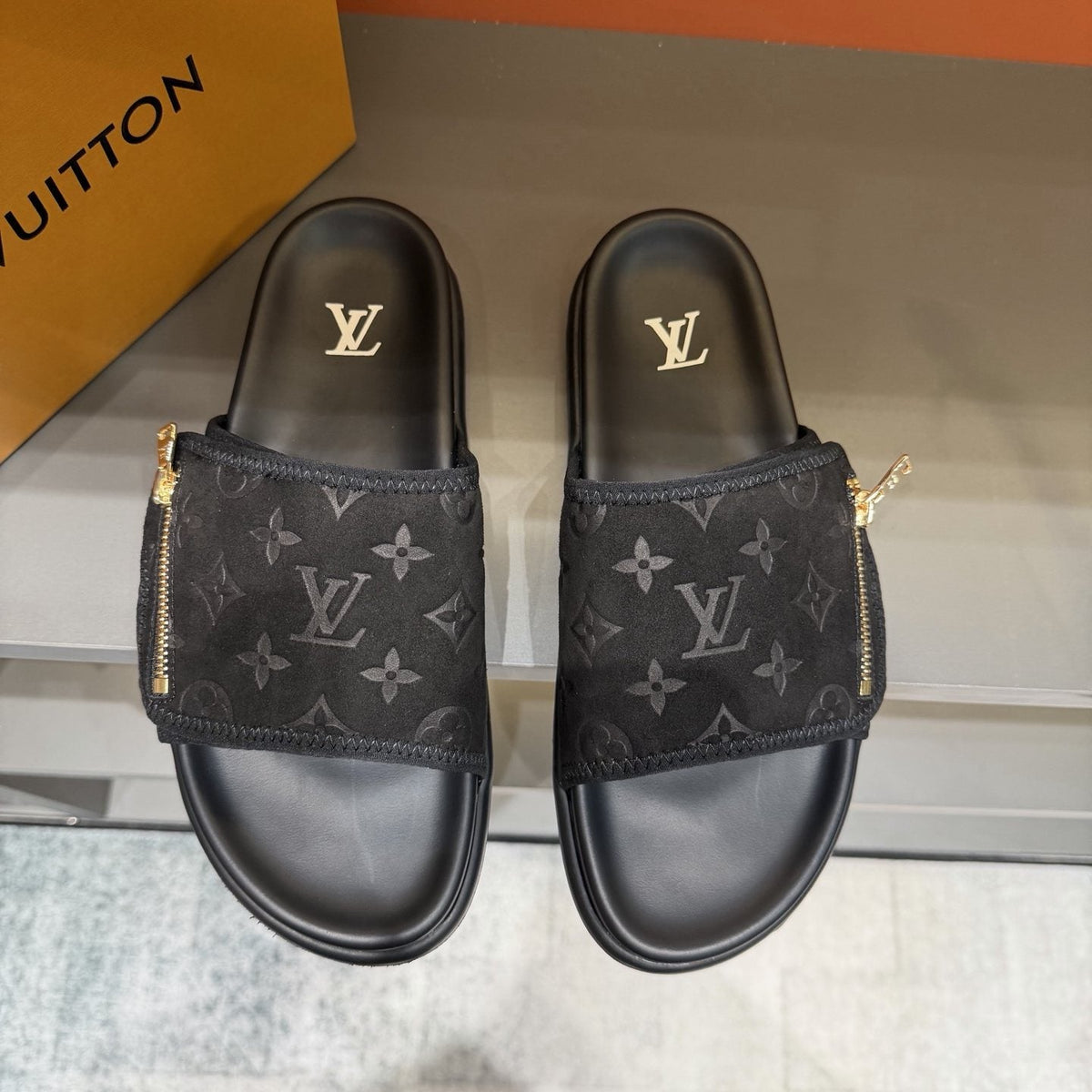 Louis Vuitton Black Monogram Strap Slide Sandals