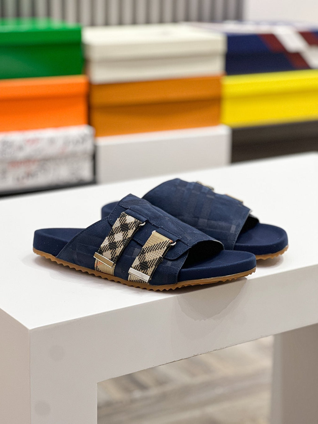 Burberry Navy Check Buckle Slide Sandals